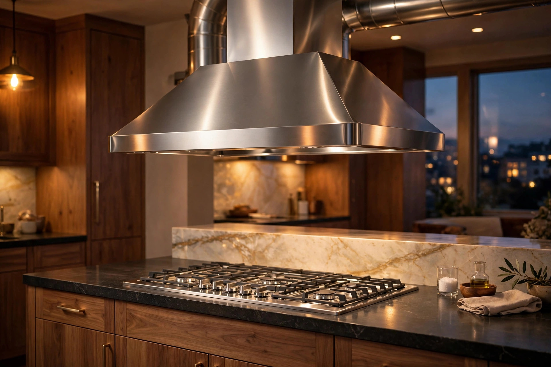 Polished stainless range hood in a modern kitchen