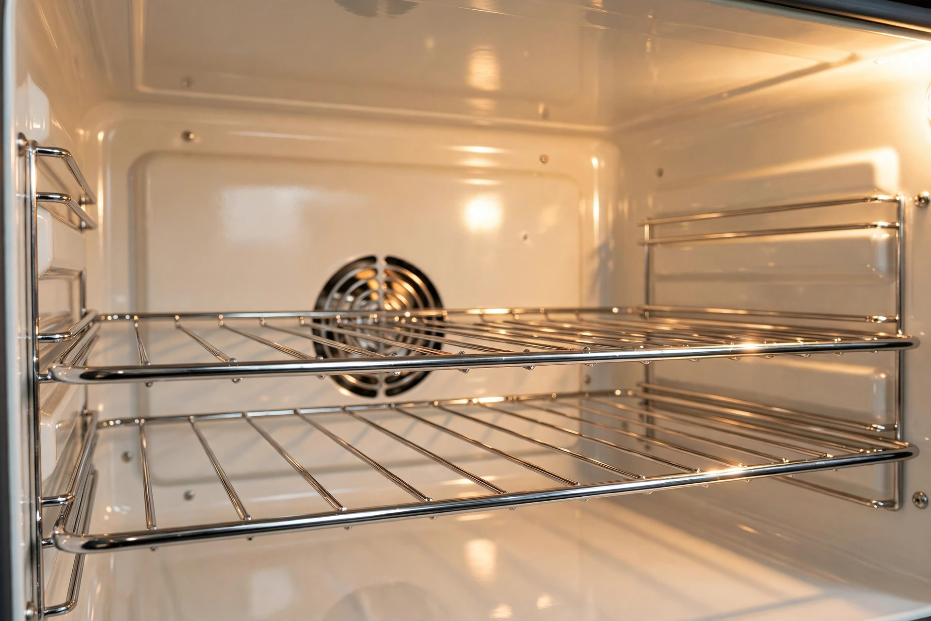 Sparkling clean oven interior with gleaming racks
